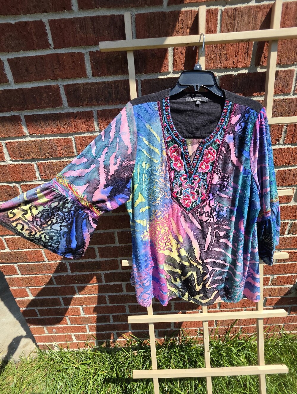 Calessa Embroidered Tie-Dye Boho Blouse – Floral Peasant Tunic Top Size XL
